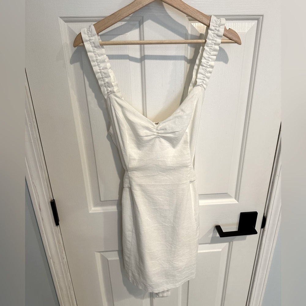 Lush white mini dress, ruffle straps, tie waist, size M